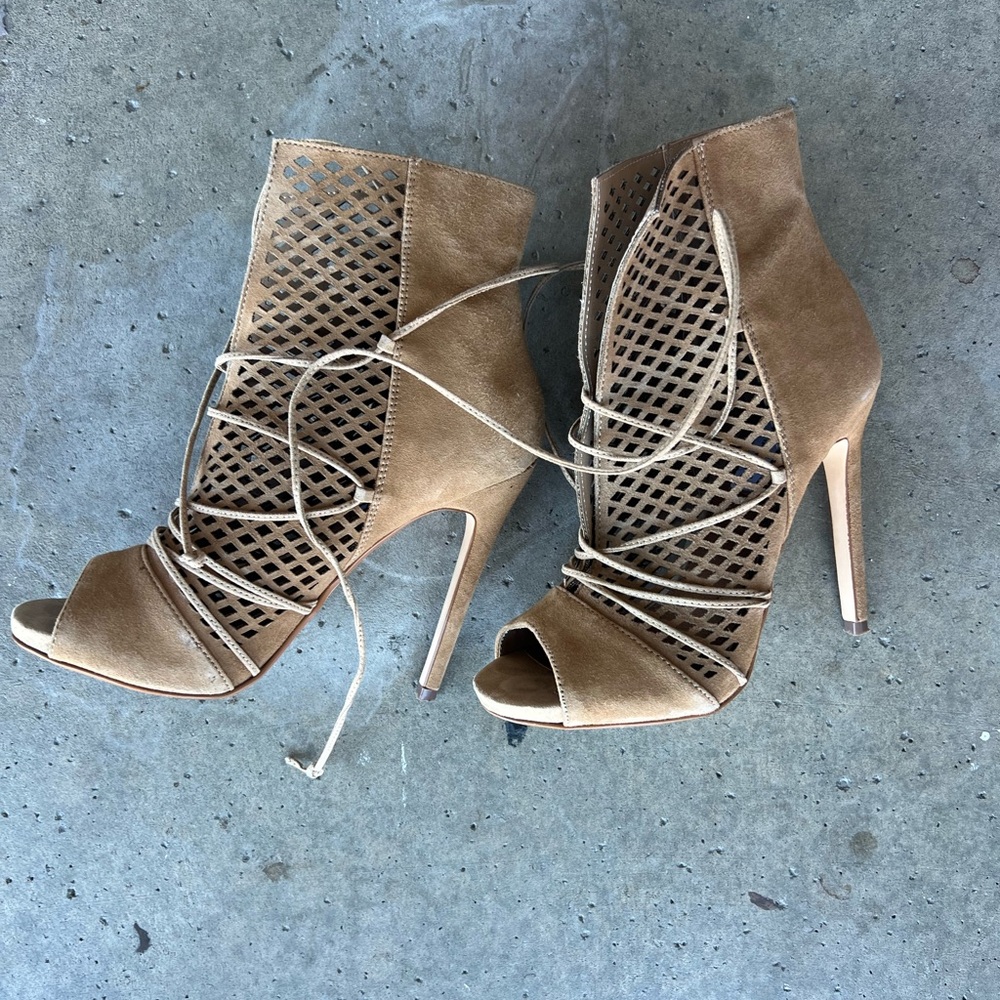 Tan Peep-Toe Lace-Up Heels